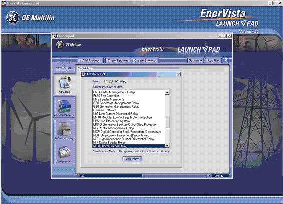 GETTING STARTED 5. In the EnerVista Launch Pad window, click the Add Product button and select the MIFII Digital Feeder Relay from the Install Software window as shown below.