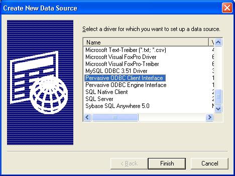 9. The Pervasive ODBC Client DSN Setup window appears. Enter a Data Source Name and an Address.