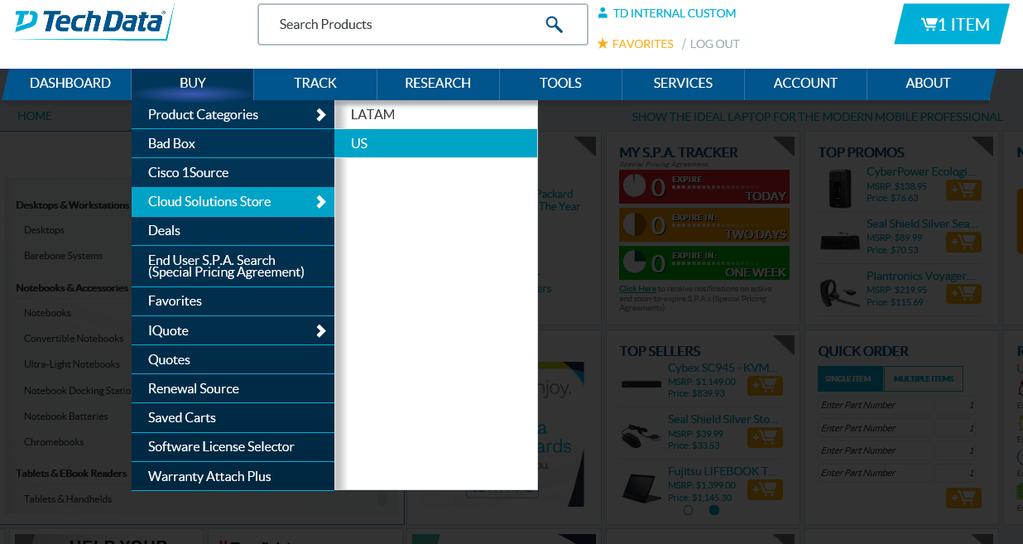 Finding the StreamOne Cloud Marketplace From this page, hover over the BUY tab and hover over