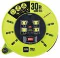 CORD REELS 12 Cassette Reel Using 30ft 16/3-Gauge highly visible green cord, this range of extension reels provides 4 x 120V 10amp outlets, 1200 wattage capacity, LED indicator, power switch and has