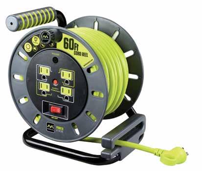 CORD REELS 14 Medium Open Reel Using 60ft 14/3-Gauge highly visible green cord, this range of extension reels provides 4 x 120V 10amp outlets, 1200 wattage capacity, LED indicator, power switch and