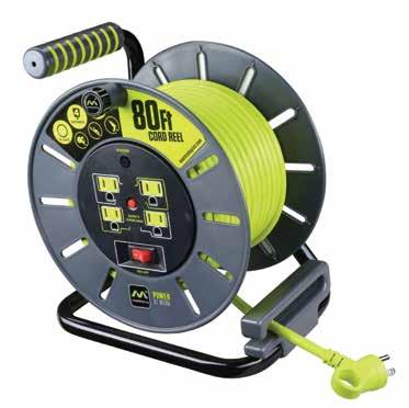 CORD REELS 15 Large Open Reel Using 80ft 14/3-Gauge of highly visible green cord, this range of extension reels provides 4 x 120V 10amp outlets, 1200 wattage capacity, LED indicator, power switch and