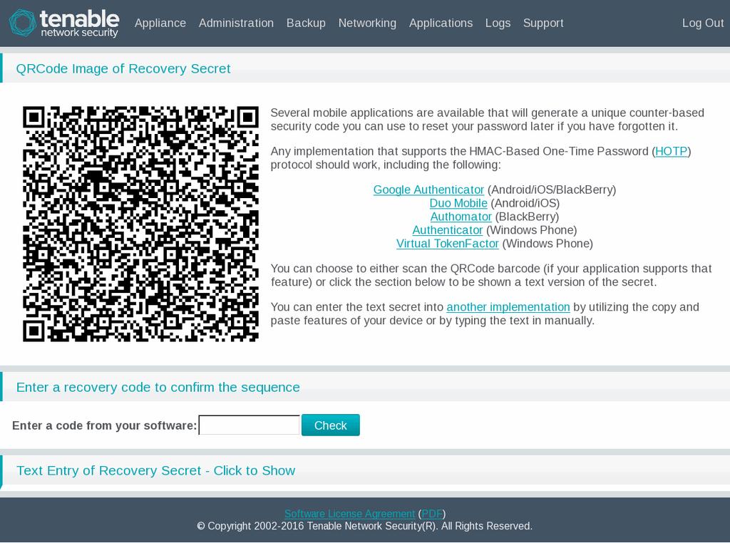 The first method on the page is the QRCode Image of Recovery Secret. Scan the QRCode image with the HOTP application. The HOTP application will display information about the new credentials.