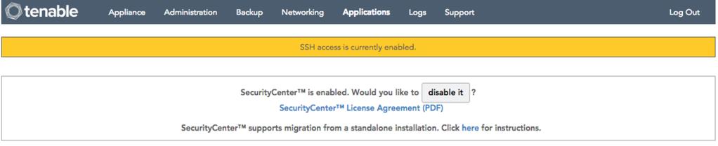 SSH User Access This option provides TNS users the ability to enable SSH access to the Appliance.
