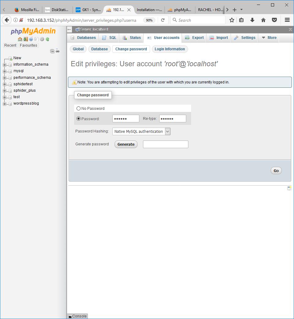 Click on Change password. Set it to rachel and select Native MySQL authentcaton. Aferwards click on Go.