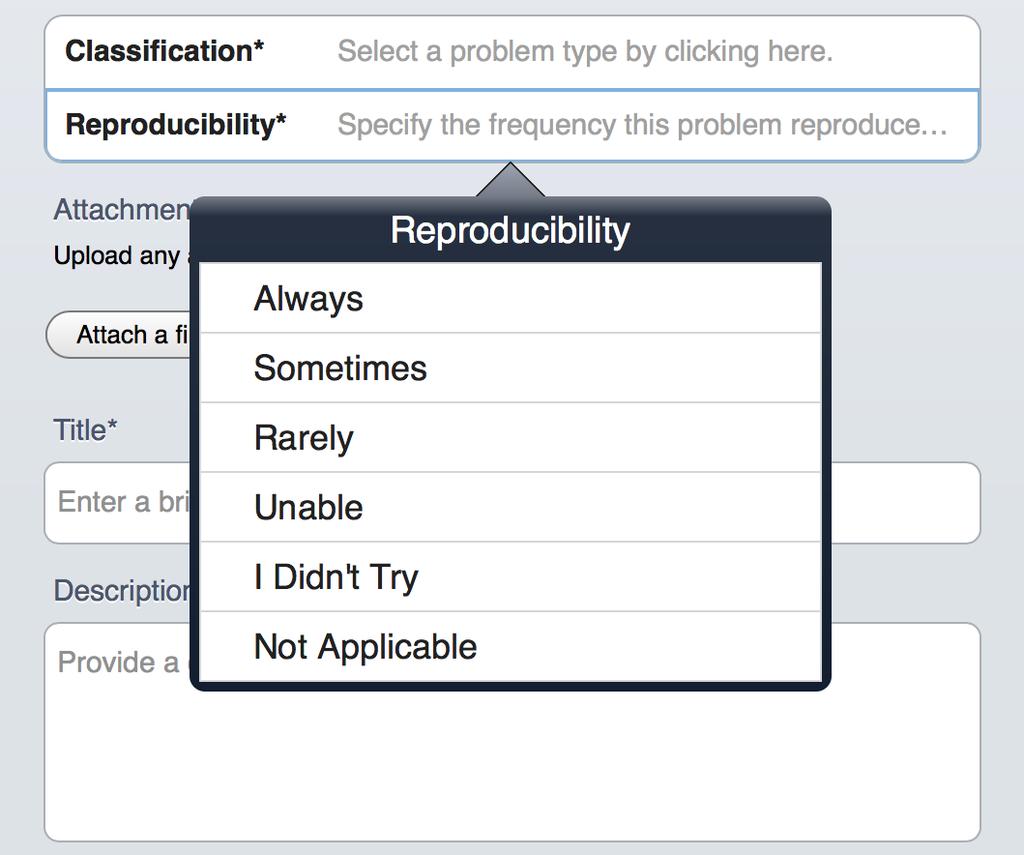 If you are submitting an exception request, select Other Bug, Not Applicable.