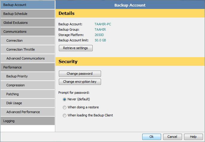 Backup Account You can use the Backup Account page in the Options and Settings dialog box to: Retrieve Backup Account settings Modify security settings The Backup Account page consists of the