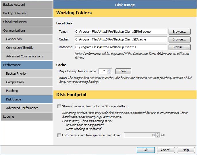 Disk Usage You can use the Disk Usage page in the Options and Settings dialog box to specify the working folders and control the disk footprint.
