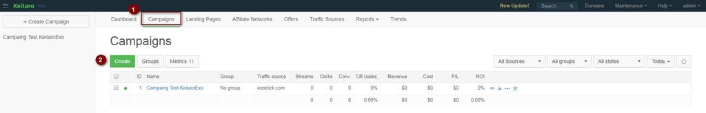 STEP 3 Create a campaign with Exoclick as a traffic source in Keitaro Go to Campaigns
