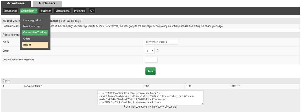 STEP 1 Create the code for a Tracking ID Log into your ExoClick Admin Panel.