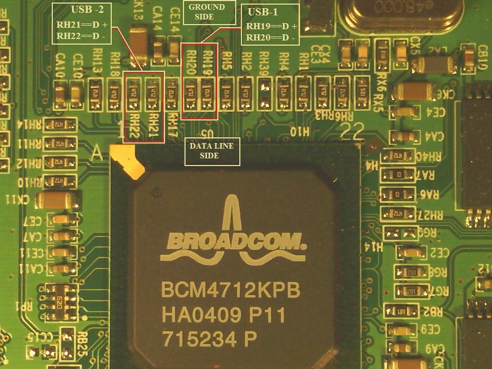 LOCATE BROADCOM 4712 AND USB PULLUP RESISTORS RH19-RH22 For the purpose of this USB mod the wrt54gs version 1 and the wrt54g version 2 pinouts are identical.