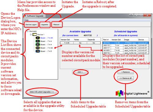Screens and Descriptions Software Upgrade utility The Software Upgrade utility contains all of the menu bar
