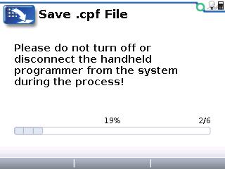 Return to TOC Model 1313 Handheld Programmer Manual, Rev. C - June 2018 Save Highlighting an existing.cpf file opens these options. Selecting the Save softkey will overwrite the existing file.