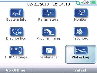 Model 1313 Handheld Programmer Manual, Rev. C - June 2018 Return to TOC 12 PLOT & LOG In the main screen, highlight the Plot & Log icon and press the Select softkey to open the app.