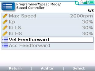 Illustrated below are two examples showing the path and position of highlighted items in the Speed Mode menu of an F2-A motor controller; (1) parameter Max Speed (2) parameter Build Rate Displayed