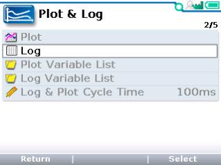 After using either technique, select the OK softkey to begin logging. The Plot & Log menu will now have a flashing red dot ( ) next to Log, indicating that logging is in progress.