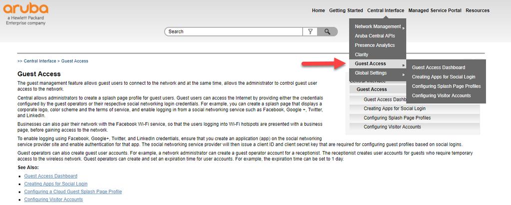 Cloud Guest: User guide section for Aruba Central provides
