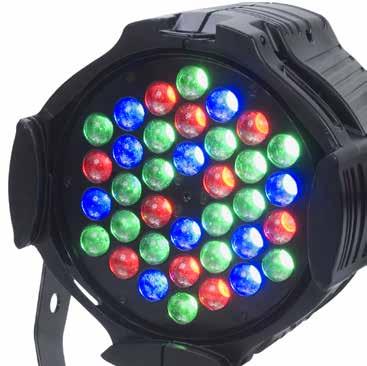 - 36 X 3W RGB LEDS - SMOOTH AND ACCURATE COLOR MIXING - LONG LIFE LED (RATED AT 50,000 HOURS) - 6600 LUX @ 2,5M @ 7-7 -49 BEAM ANGLE (MOTORIZED ZOOM) - ZOOM CONTROLLED BY DMX OR ON-BOARD -