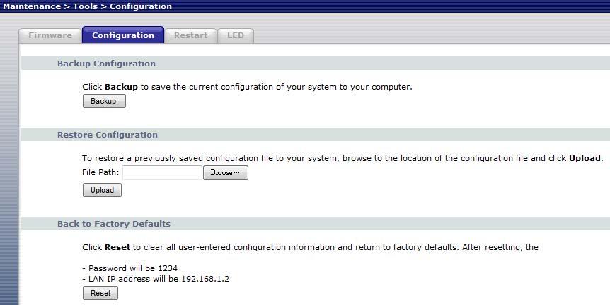 Chapter 9 Tools Figure 41 Maintenance > Tools > Configuration 9.4.1 Backup Configuration Backup configuration allows you to back up (save) the WRE2206 s current configuration to a file on your computer.