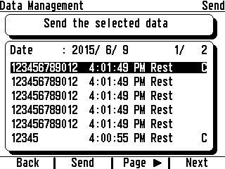 7. DATA MANAGEMENT 3 Enter the date and press the Search function key. The files of the selected date are displayed. 7 4 Select a file and press the Send function key. The Sending ECG file.
