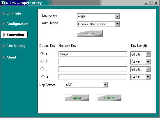 Steps 3 Click Encryption on the left panel to configure data encryption parameters as shown in diagram below. Select WEP in the Encryption field. Select Open Authentication in the Auth.