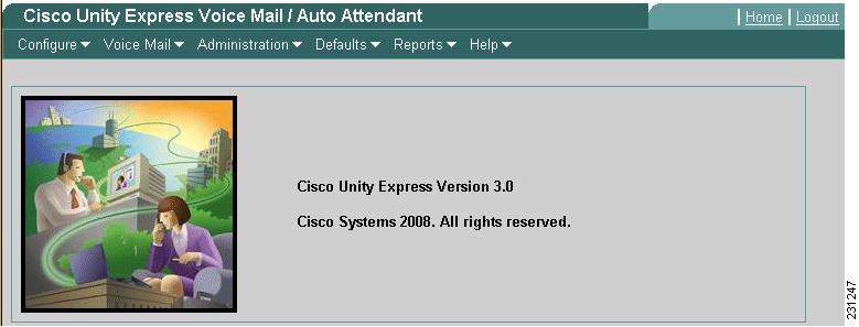 Home window appears when you first log in to Cisco Unity Express.