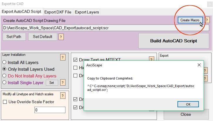 Select the Export AutoCAD Script tab and click on the Create Macro button (this is only present on v3.03 or newer).
