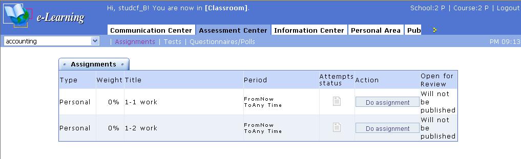Click at the right end of a course title to enter the Assignments menu under the Assessment Center. 2.