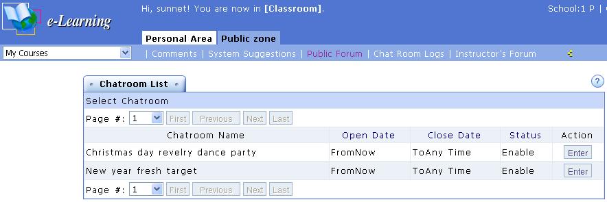 Chatroom It displays the online chatrooms with different subjects set by the administrator for the teachers and students of e-campus.