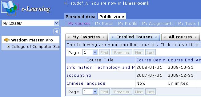3. Select a course from My Courses drop-down list to enter