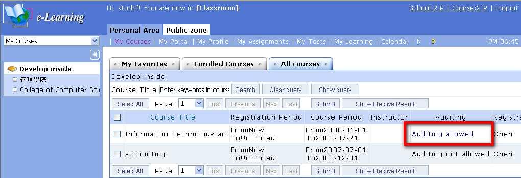 course title to enter the classroom. The left pane displays the course groups of the enrolled courses. By default, the page displays all the courses you've enrolled.