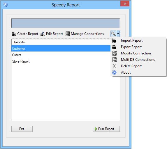 6 Main Window The main window features: Create Report Edit Report Manage Connections