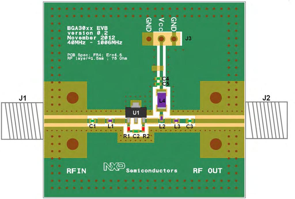 4.2 Evaluation board layout PCB material = FR4 PCB thickness = 1.5 mm PCB size = 40 mm x 40 mm ε r = 4.6 Copper thickness = 35 µm Fig 2.