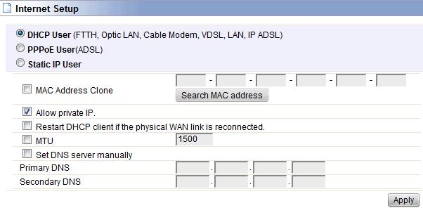 5.1.3 Internet Setup We have discussed this setting on Internet Setup. But if you want, you can reconfigure the Router settings on this page. 5.1.4 LAN/DHCP Server Click LAN/DHCP Server, you will enter the page that allows you configure the LAN port and DHCP Server.