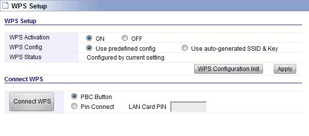 5.2.7 WPS Setup WPS (Wi-Fi Protected Setup) provides easy procedure to make network connection between wireless station and wireless access point with the encryption of WPA and