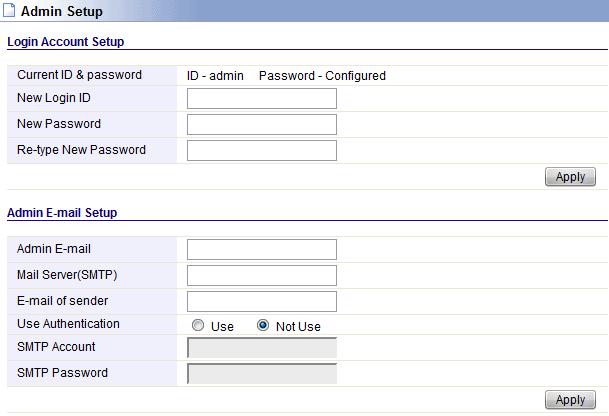 Admin E-Mail Setup: If you want to receive IP routing log, set up Email address and SMTP server to receive it. 5.7.