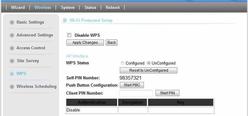 4. Wireless Settings 4.6 WPS Wireless Settings -> WPS Disable WPS: Check the box to disable the WPS function, default setting is enabled. WPS Status: Here shows the current status of the WPS function.