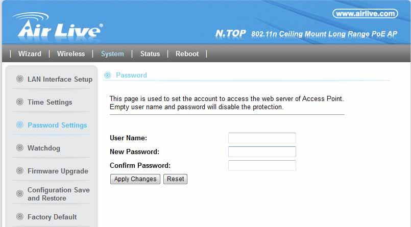 5. System Configurations 5.4 Password Settings System -> Password Settings The N.TOP s password protection is turned off by default.