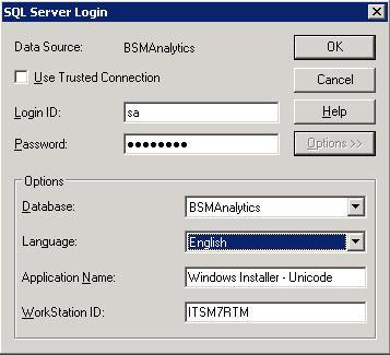 28. Choose the data source and click OK 29. The SQL Server Login window will appear. a. Uncheck Use Trusted Connection. b. Enter Login ID ( sa ) c. Enter Password ( password ) d. Click Options >> e.