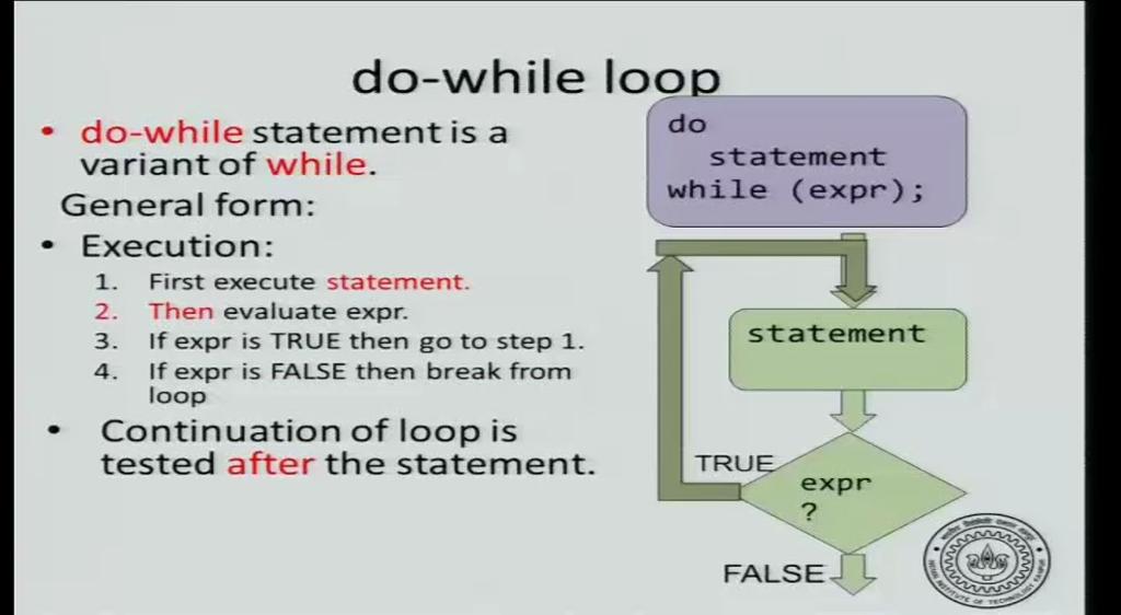 (Refer Slide Time: 00:20) And so it is a variant of a while loop, I am the general form is what you see here, you have do statement followed by while expression.