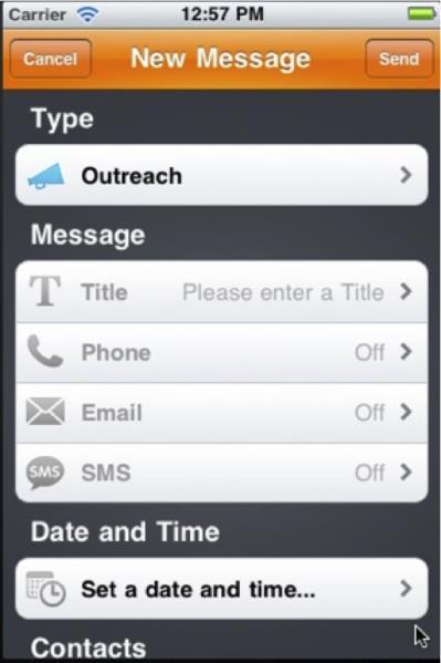 Sending Messages The Home Screen on the Connect for iphone app is a simple UI that contains a Send a Message button and field to list the