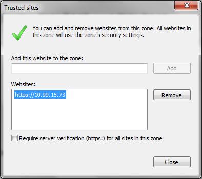 Figure 108 Internet Explorer Trusted Sites 4. In the Add this website to the zone text box, enter the Receptionist client URL and then click Add.