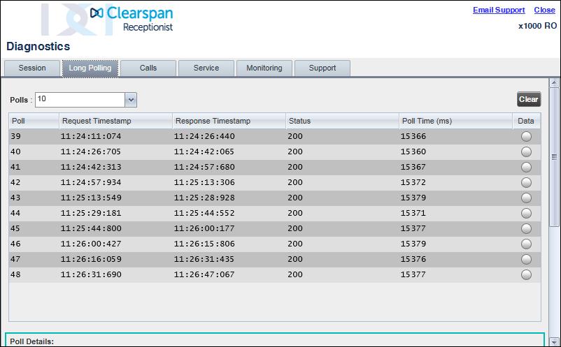 Figure 111 Diagnostic Tool Long Polling Tab CALLS TAB The Calls tab shows call statistics for calls placed through the Dialer.