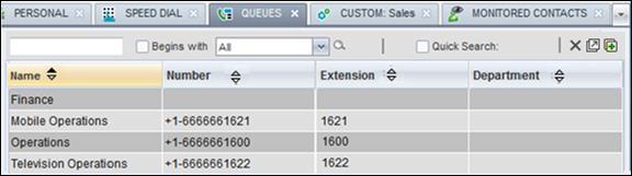 Figure 28 Contacts Pane Queues Tab The information displayed for each queue includes the name, phone number, extension, and department (as applicable).