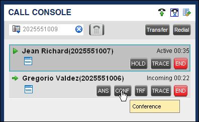 Figure 49 Starting Conference 3. Move the mouse over the non-selected call and click Conference. A Three- Way Conference is established and the connected calls are moved to the Conference Call panel.