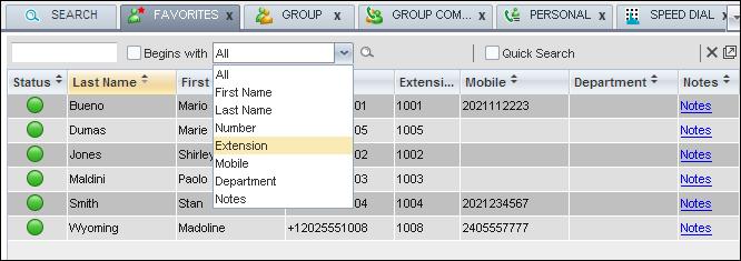 When you search for contacts in a specific directory, you can search on a specific column or on all columns. When you use the Search tab, the search is always performed on all directories and columns.