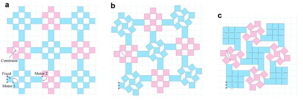 Supplementary Figure 9: Two-step closing procedure of a level-2 hierarchical structure in Working Model simulation: (A) original structure with the bottom-left vertex unit fixed, (B) displacement