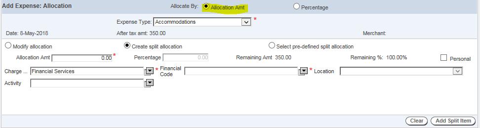 From there you can leave the choice as Percentage or change it to Allocation Amt. (If you are charging a set amount to one financial code you will find it easier to choose Allocation Amt.