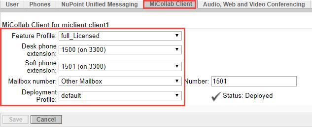 Feature Profile: Select the full_licensed Desk phone extension: 1500, (Desk phone previously assigned) Soft phone extension: 1501, (Soft phone previously assigned) Mailbox