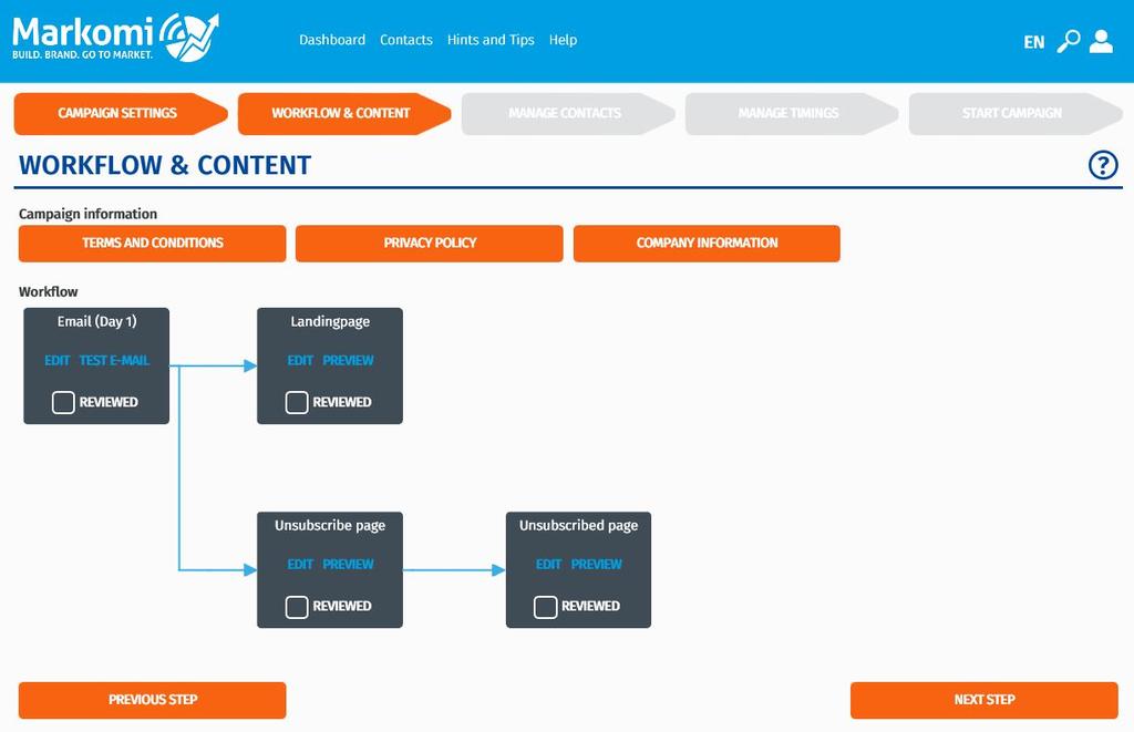 14 MARKOMI Creating a campaign Workflow & Content Define, edit and review the content of your campaign. NOTE Workflow and content depend on the selected campaign type and theme.